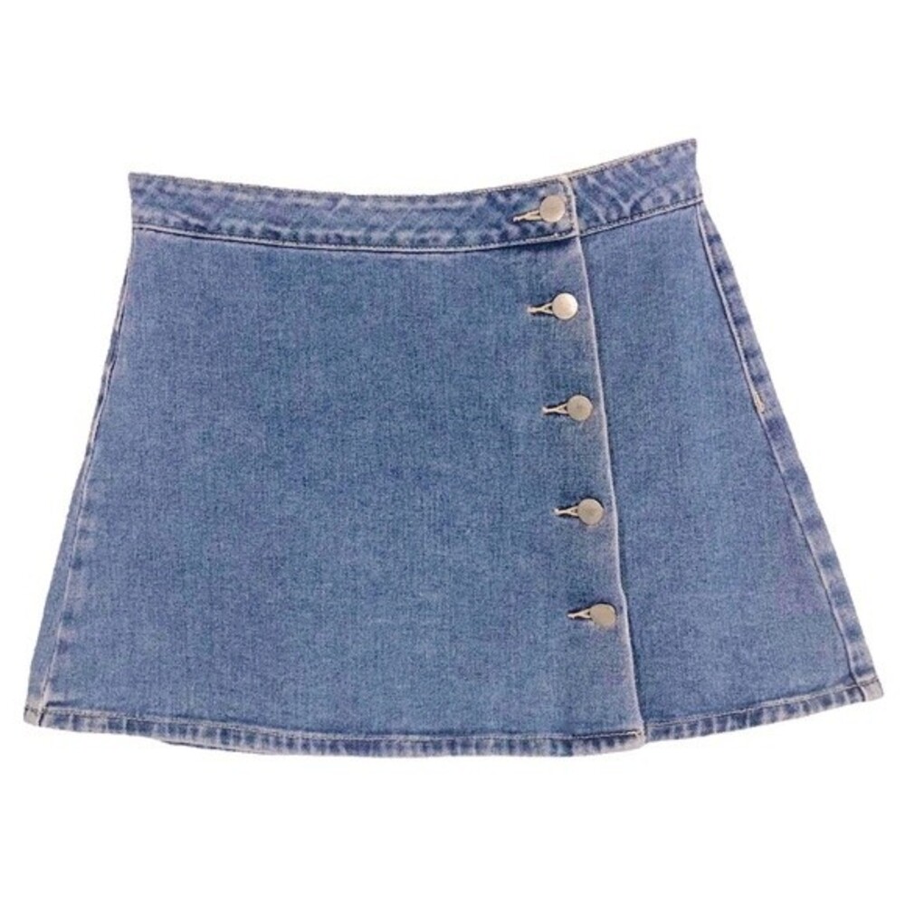 BULLHEAD Exposed Button Front Denim Jean Mini Wrap Skirt